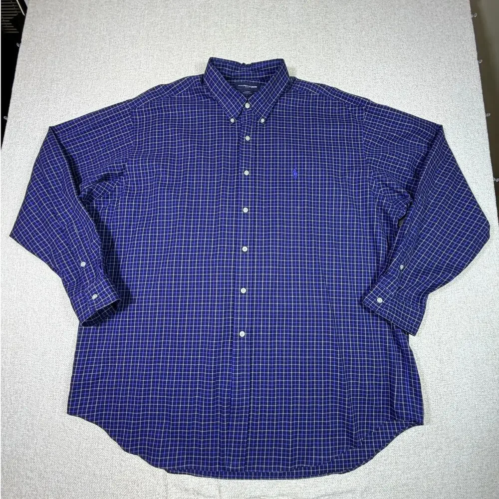 Ralph Lauren Golf Men 2XL Blue Windowpane Plaid Long Sleeve Atheisure Shirt